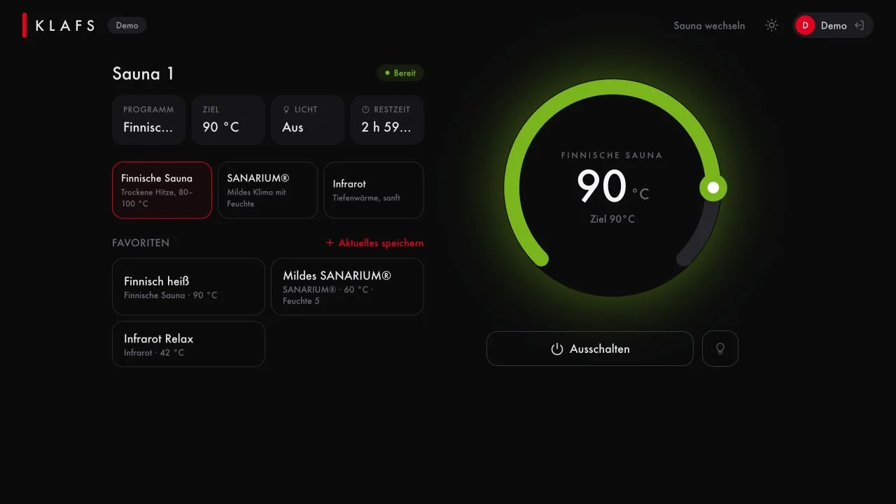 Eigener Sauna-Prototyp im Demo-Modus mit simulierter Temperatur.