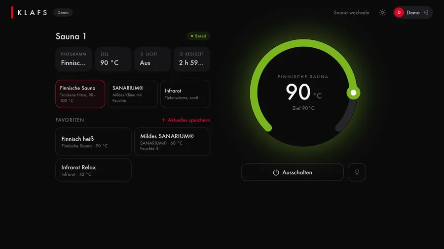 Eigener Sauna-Prototyp im Demo-Modus mit simulierter Temperatur.