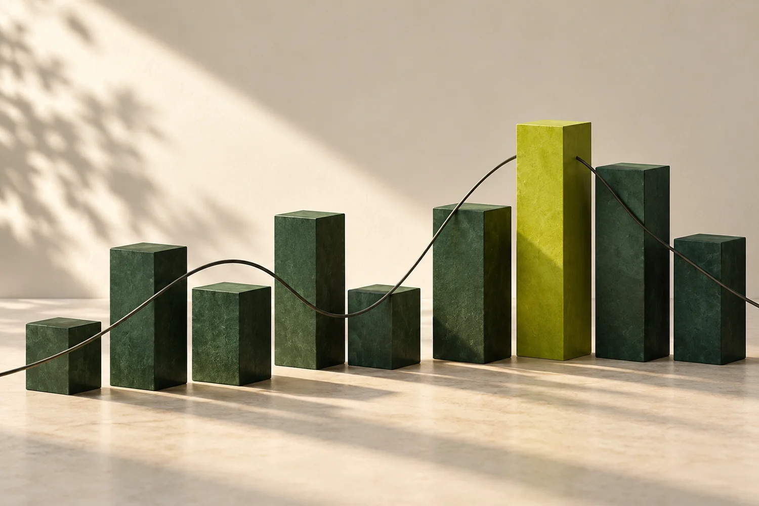 Grüne geometrische Säulen und eine geschwungene Linie als Illustration für Trading.